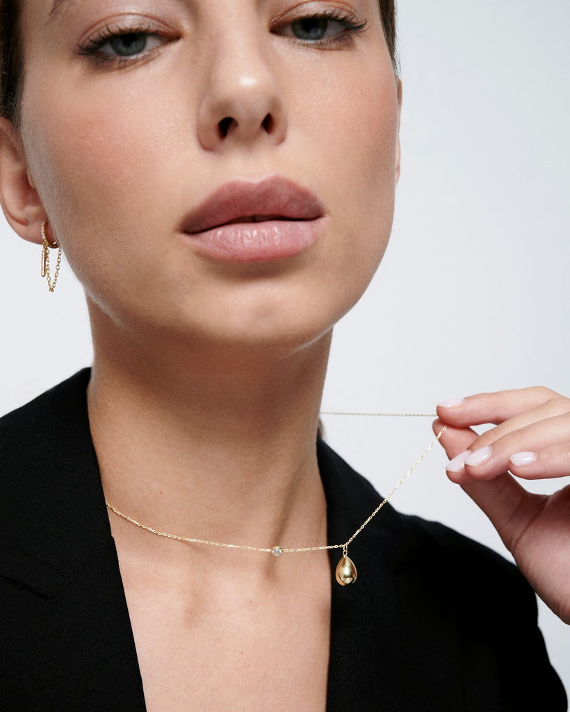 silver gold plated drop pendant sigle stone necklace collar gota con circonita plata bañado oro 18k