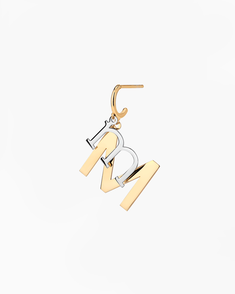Silver, gold letter earring letra M