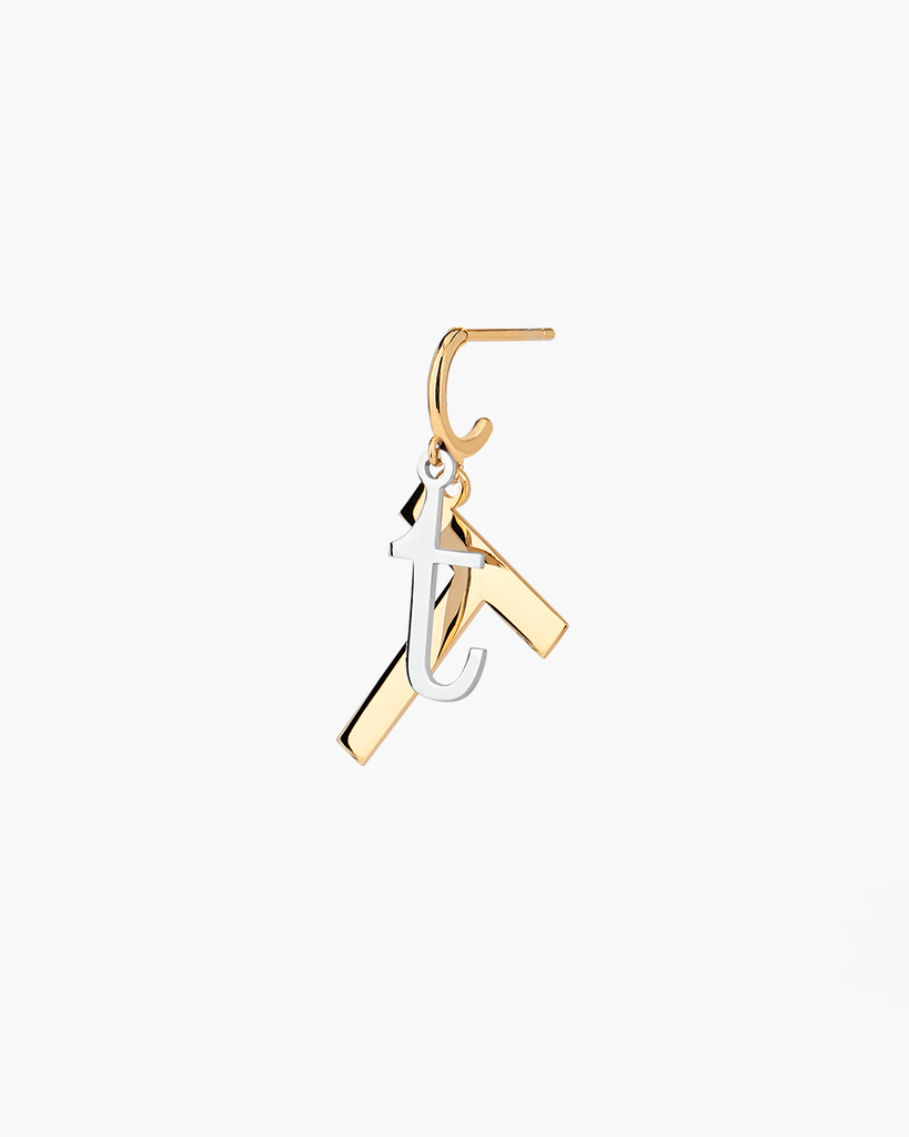 Silver, gold letter earring letra T