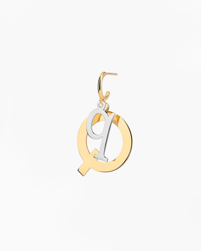 Silver, gold letter earring letra Q