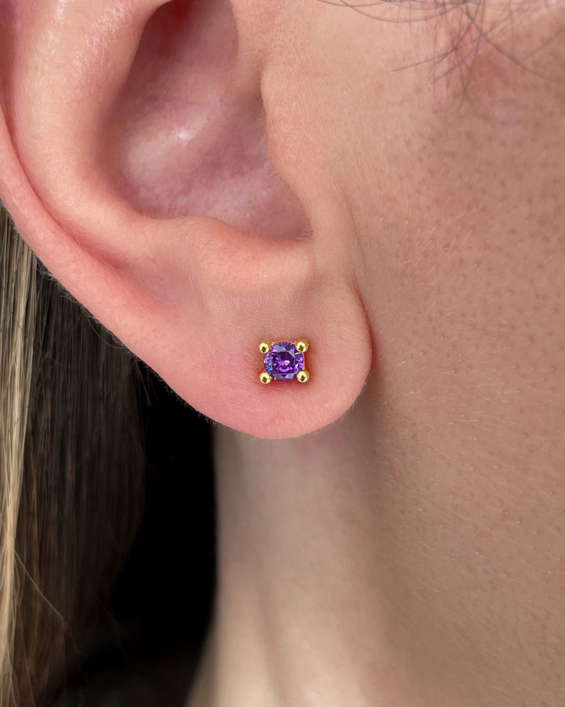 stud earrings lila amatist stone silver gold plating pendietes de boton con piedra lila amatista plata baño de oro