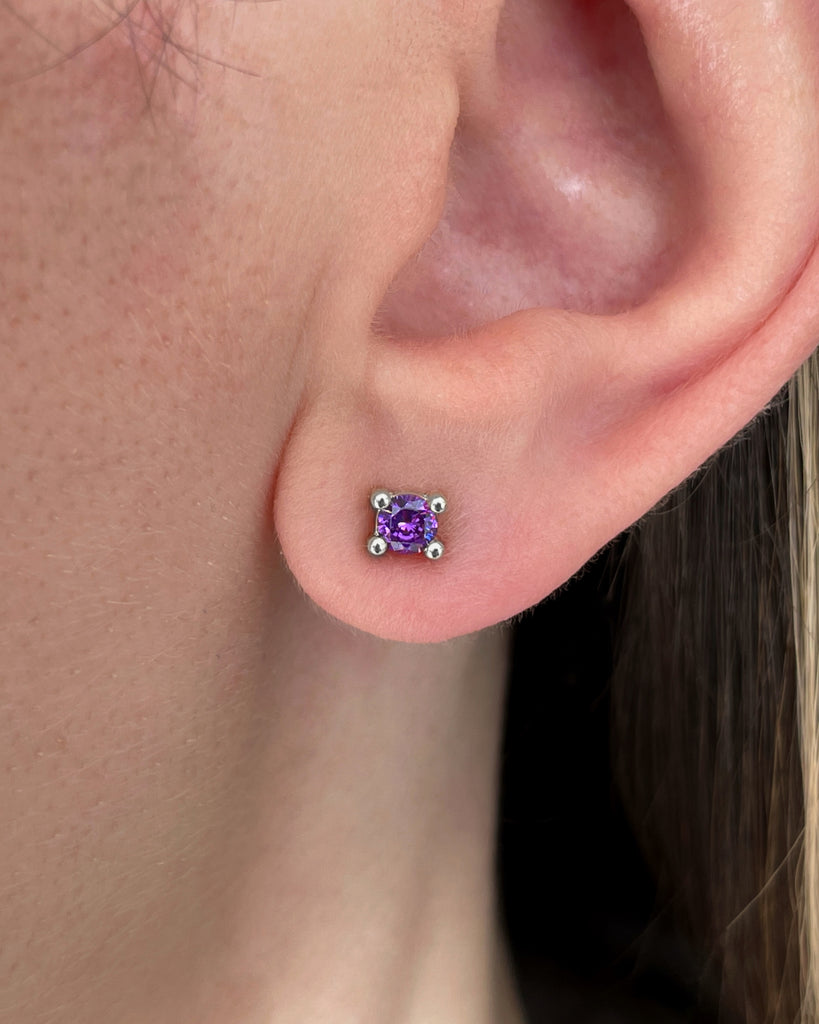 stud earrings lila amatist stone silver gold plating pendietes de boton con piedra lila amatista plata baño de oro