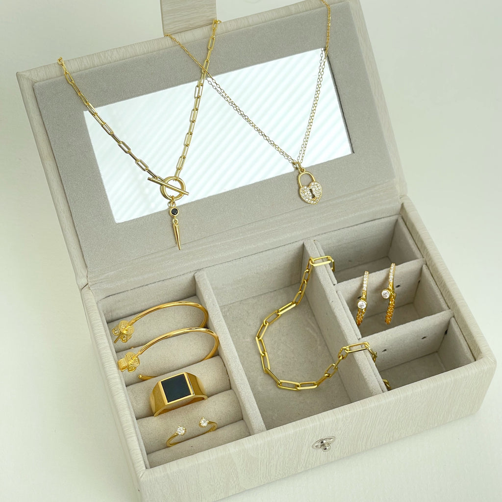 Jewelry box with necklace, rings, earrings, hoops and bracletes sterling silver 925 and gold plating