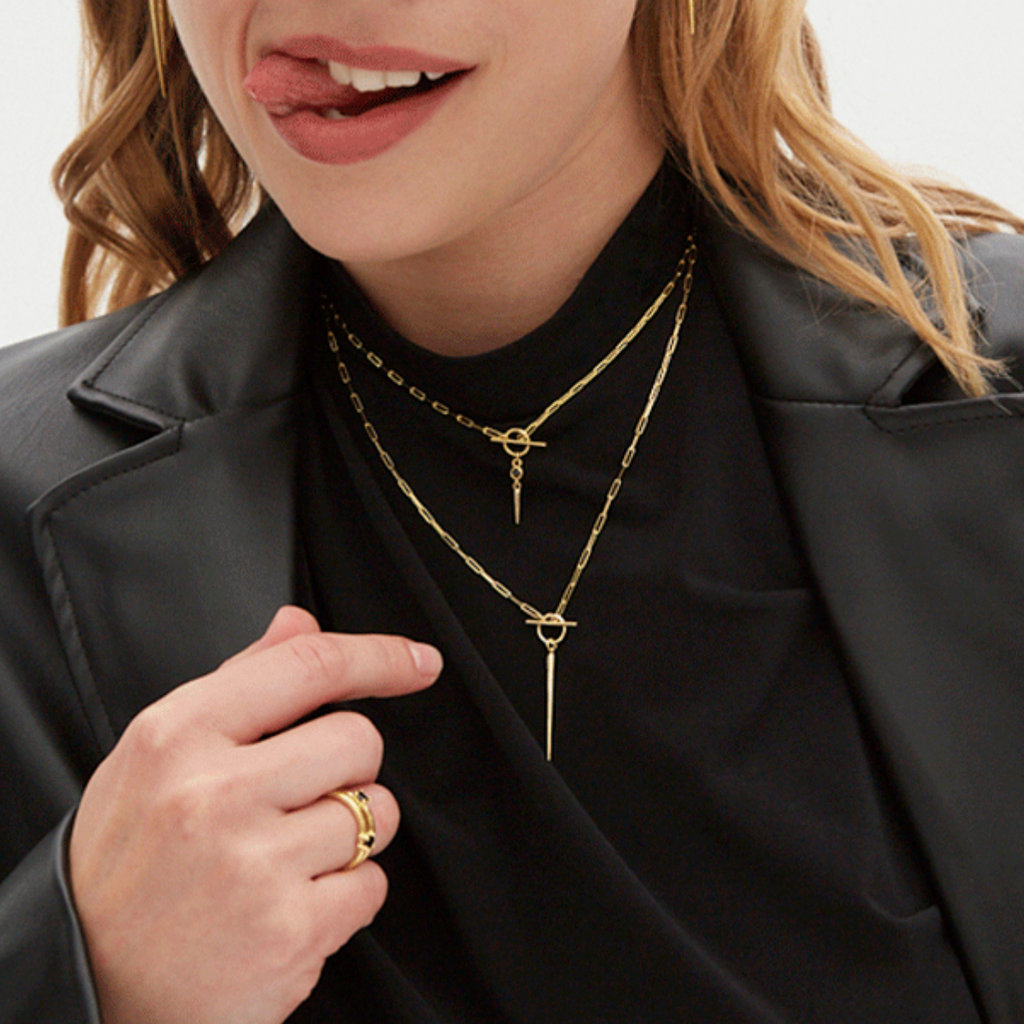 silver necklace chain with black zircon gold plating on model double necklace