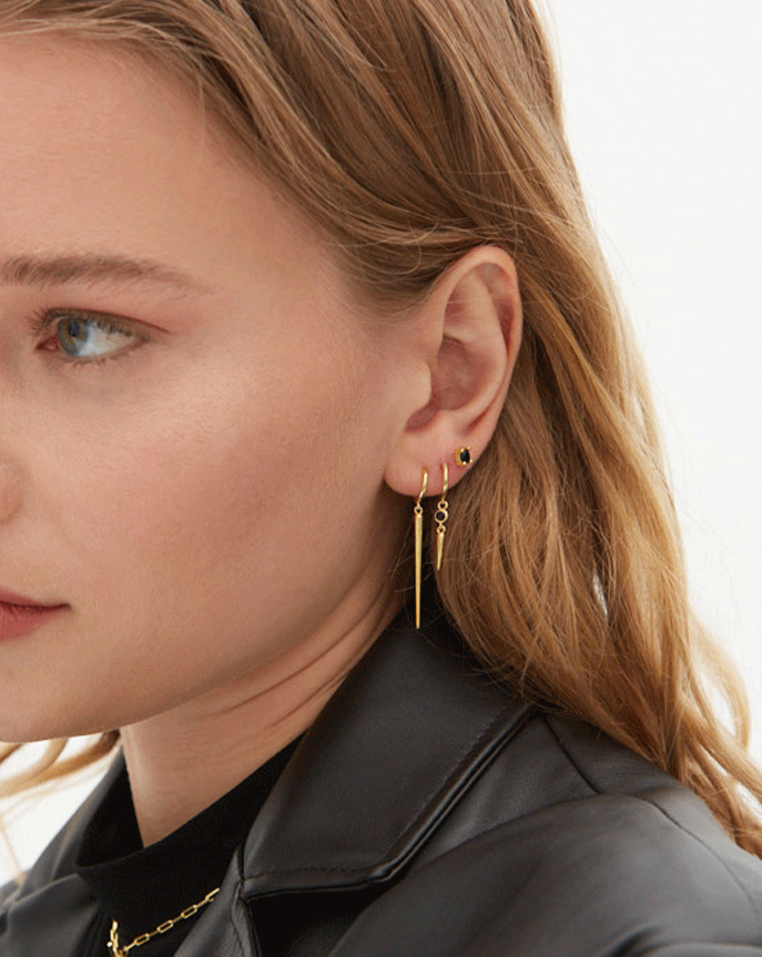 stud earrings black stone silver gold plating pendietes de boton con piedra negra plata baño de oro