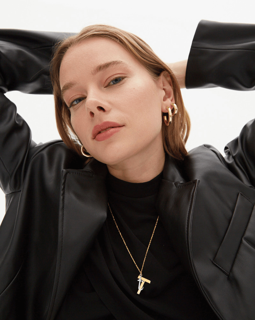 Silver, gold letter necklace letra T