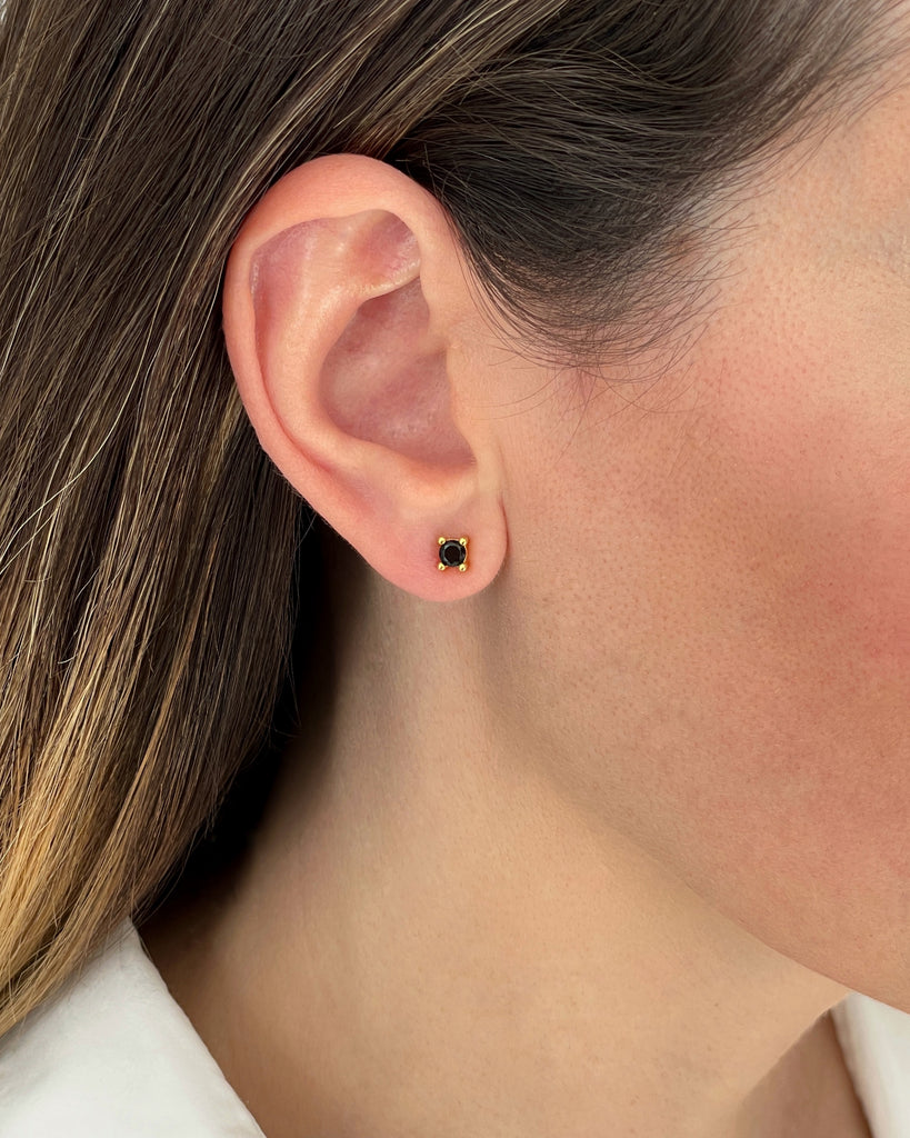 stud earrings black stone silver gold plating pendietes de boton con piedra negra plata baño de oro