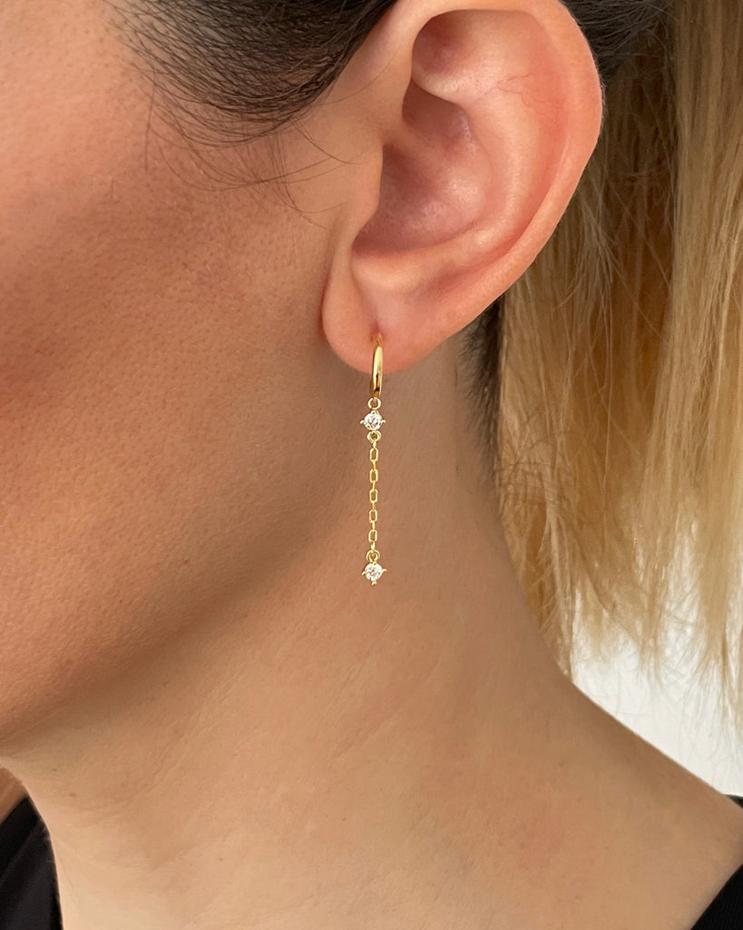 silver earrings with chain gold plating pendientes mini aro cadena oro plata