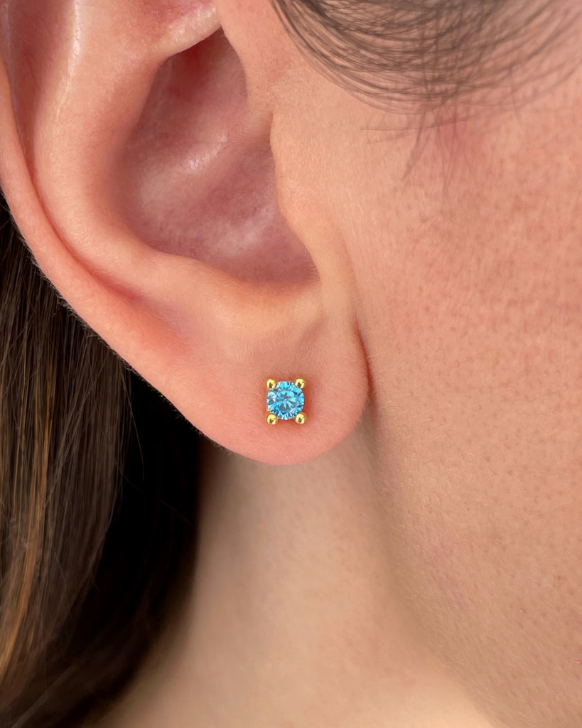 stud earrings blue topaz stone silver gold plating pendietes de boton con piedra azul topacio plata baño de oro